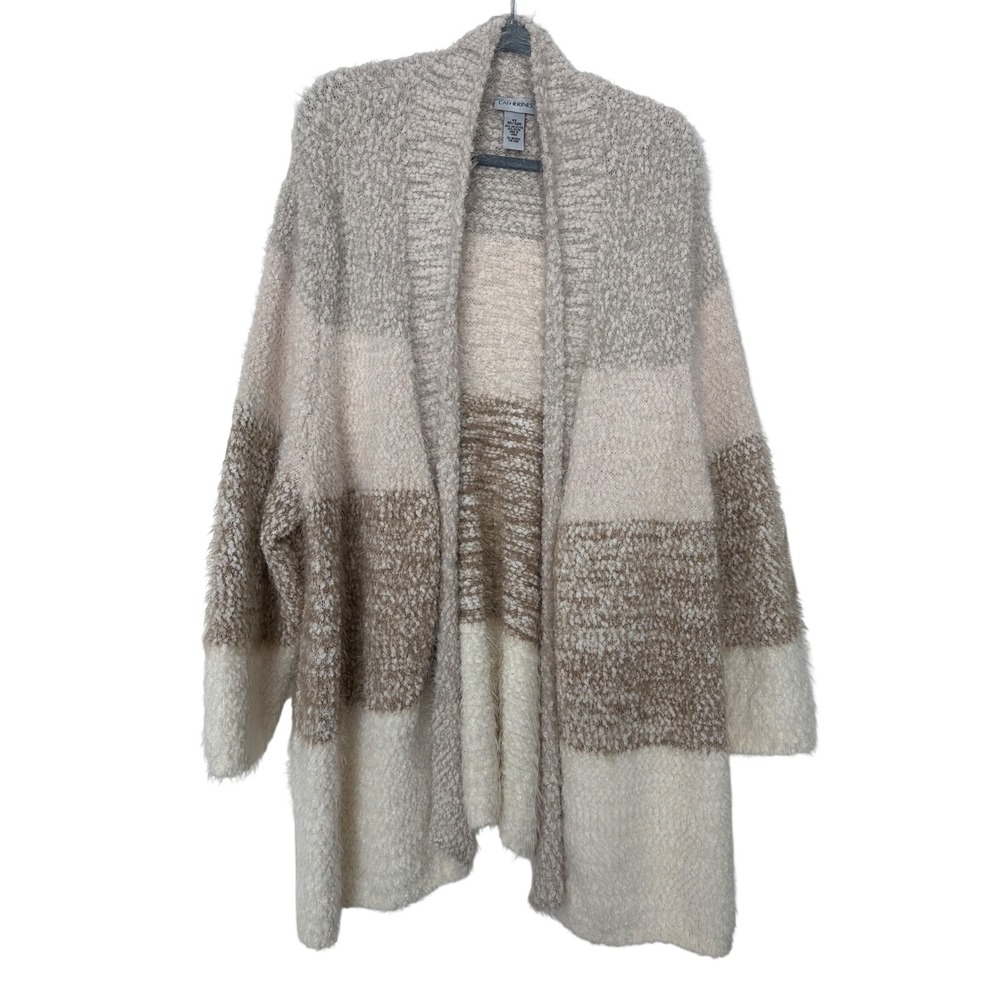 Catherines Womens 4X Neutral Colorblock Popcorn Knit Open Front Cardigan Sweater